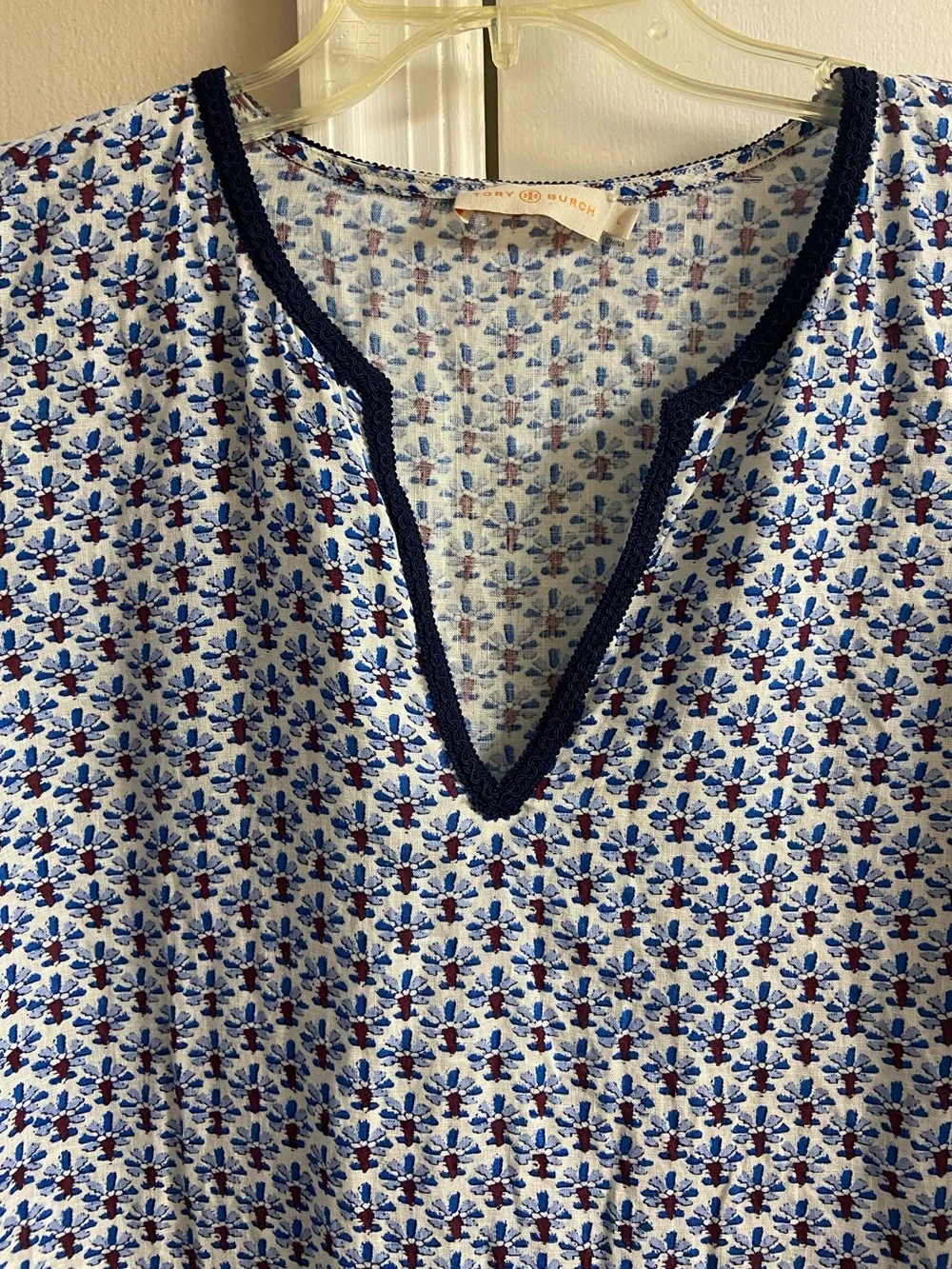 Tory Burch Split V-Neck Tunic Top Front Pockets Navy White Linen Large